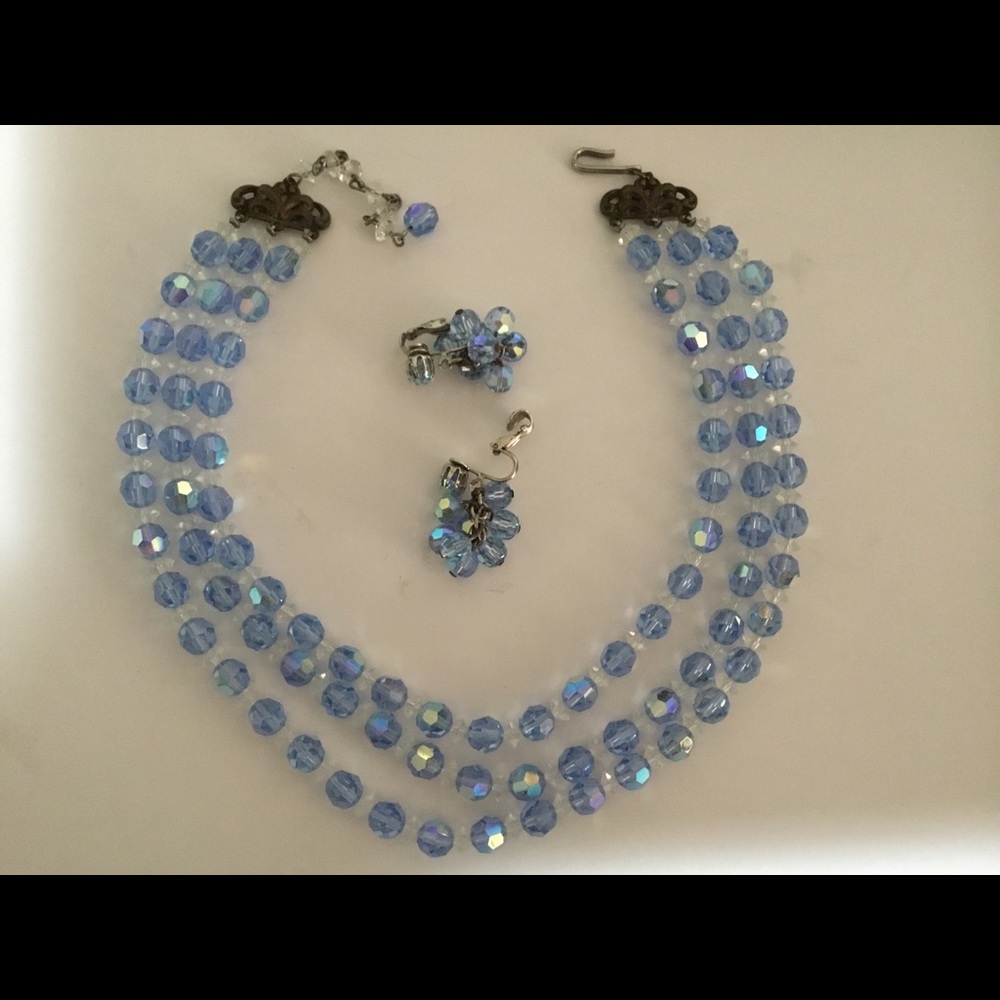 HOST PICK-VINTAGE CRYSTAL SET /BLUE THREE STRAND NECKLACE WITH CLIP EARRINGS